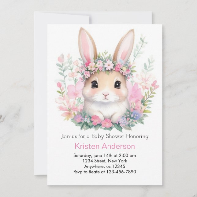 Invitación Cute Floral Bunny Chica Baby Shower (Anverso)