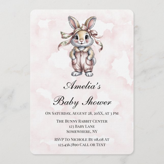 Invitación Cute Floral Bunny Girl Baby Shower  (Anverso)