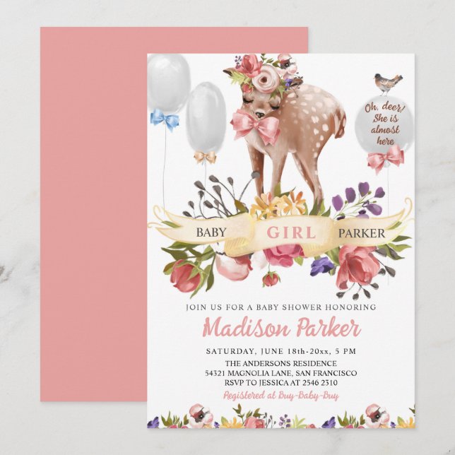 Invitación Cute Floral Deer Baby Shower (Anverso / Reverso)