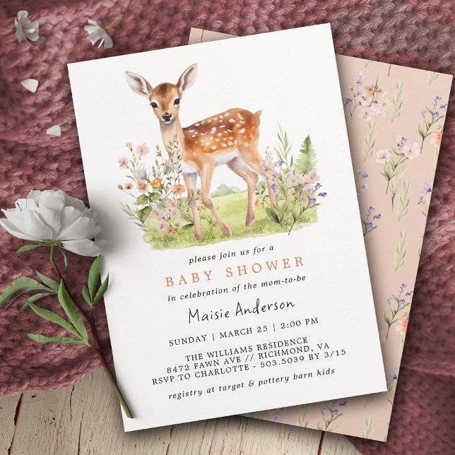 Invitación Cute Floral Deer Fawn | Baby Shower Airy Spring (Subido por el creador)