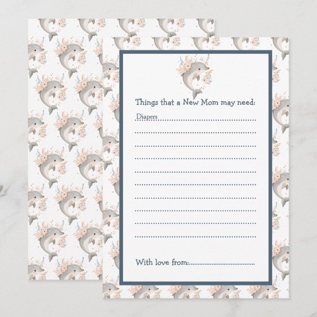Invitación Cute Floral Dolphin Baby Shower (Anverso / Reverso)