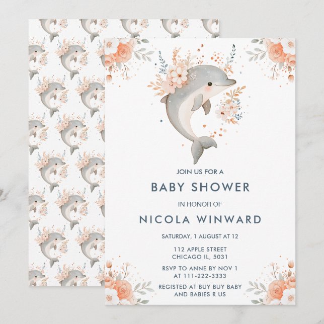 Invitación Cute Floral Dolphin Baby Shower (Anverso / Reverso)