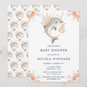 Invitación Cute Floral Dolphin Baby Shower