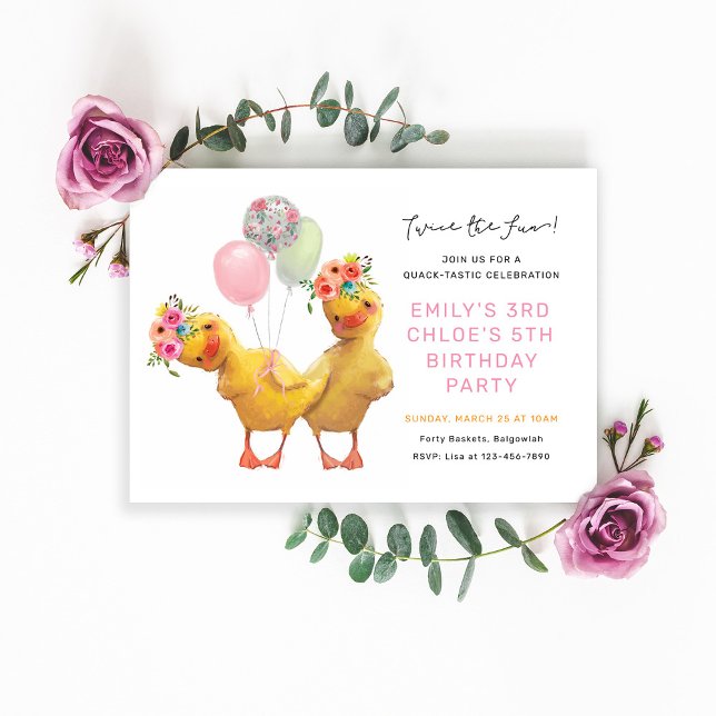 Invitación Cute Floral Ducks Joint Birthday Party (Subido por el creador)