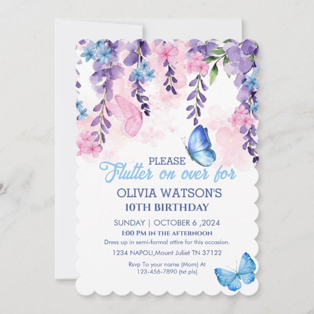 Invitación Cute Floral flutter sobre mariposas Cumpleaños (Anverso)