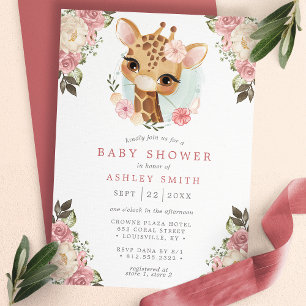 Invitación Cute Floral Giraffe Watercolor Chica Baby Shower
