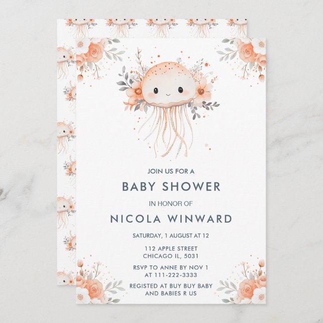 Invitación Cute Floral Jellyfish Baby Shower (Anverso / Reverso)