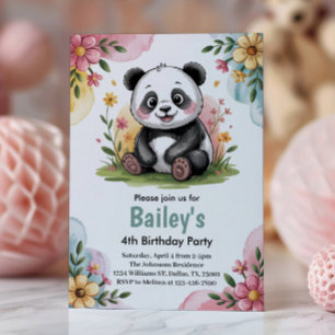 Invitación Cute Floral Kids Panda cuarto Fiesta de cumpleaños
