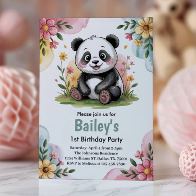 Invitación Cute Floral Kids Panda Primer Fiesta de cumpleaños (Subido por el creador)