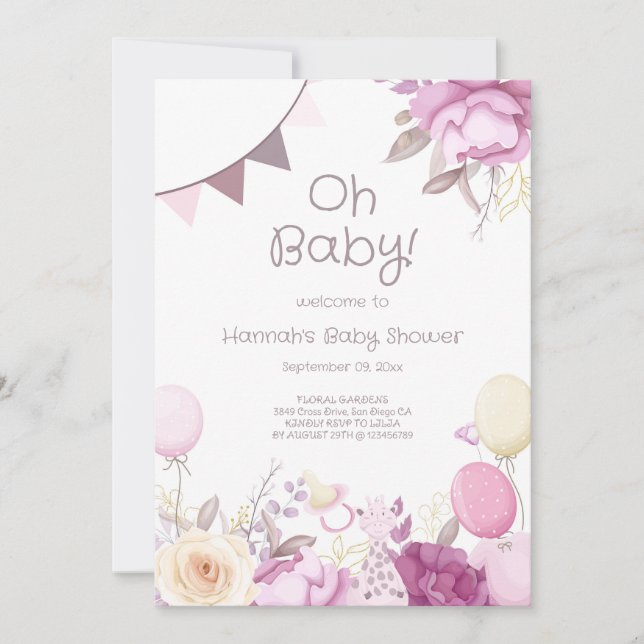 Invitación Cute Floral Lilac Chica rosa Baby Shower (Anverso)
