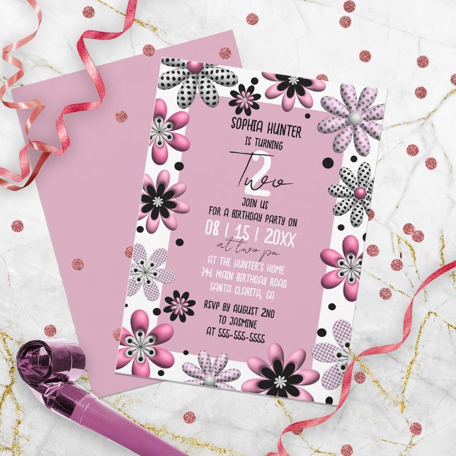 Invitación Cute Floral Polka Dot Rosa Negro Segundo cumpleaño (Subido por el creador)