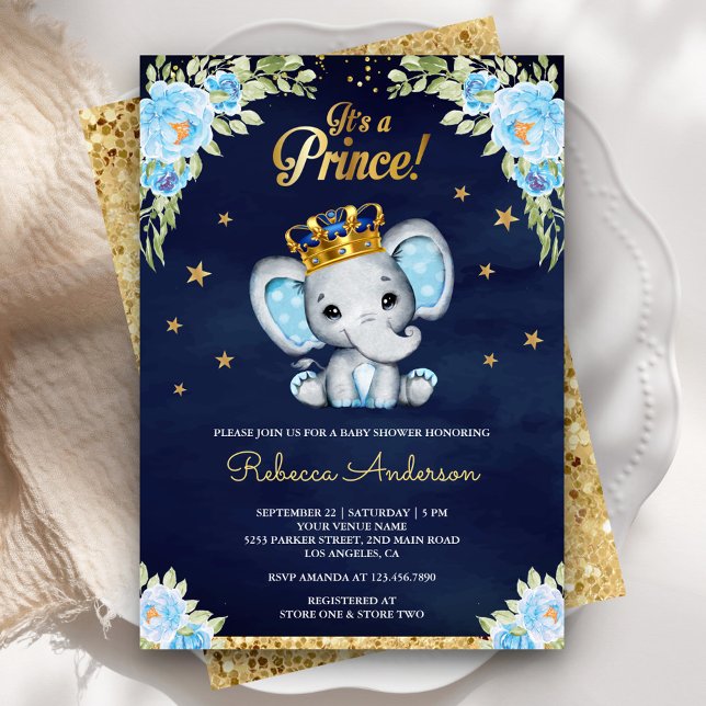 Invitación Cute Floral Prince Elephant Marina Azul Baby Showe (Subido por el creador)
