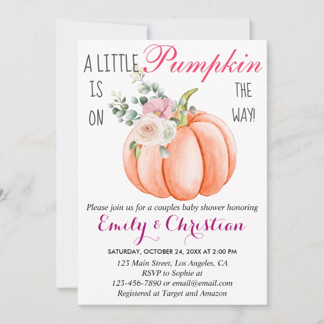 Invitación Cute Floral Rosa Pequeña Pareja De Calabaza Baby S (Anverso)