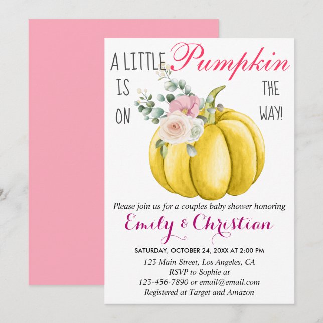 Invitación Cute Floral Rosa Pequeña Pareja De Calabaza Baby S (Anverso / Reverso)