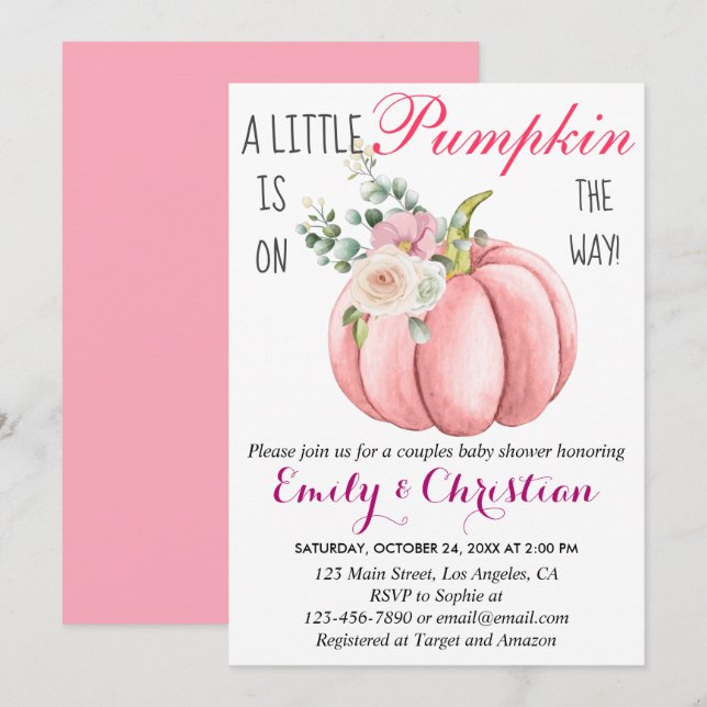 Invitación Cute Floral Rosa Pequeña Pareja De Calabaza Baby S (Anverso / Reverso)