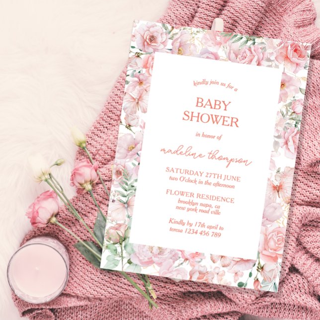 Invitación Cute Floral Rubor Wing Pink Baby Shower (Subido por el creador)