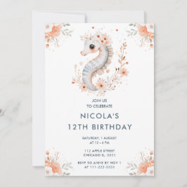 Invitación Cute Floral Seahorse Birthday Party