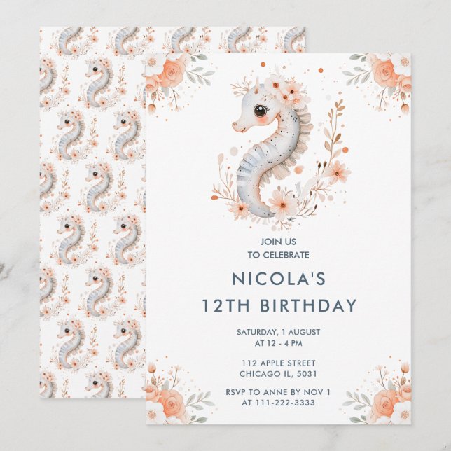 Invitación Cute Floral Seahorse Birthday Party (Anverso / Reverso)