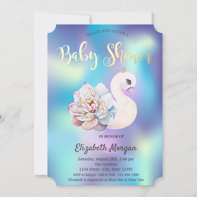 Invitación Cute Floral Swan Holográfico Baby Shower (Anverso)
