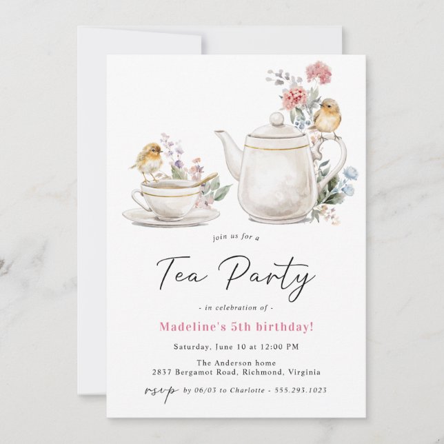 Invitación Cute Floral Teapot | Chica Tea Fiesta Cumpleaños (Anverso)