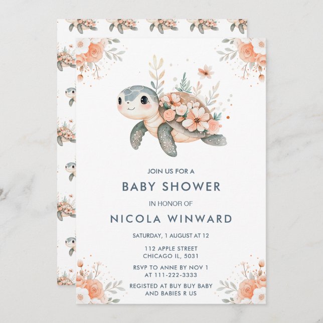 Invitación Cute Floral Turtle Baby Shower (Anverso / Reverso)