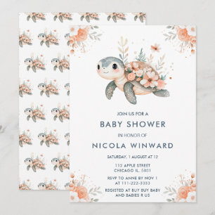 Invitación Cute Floral Turtle Baby Shower