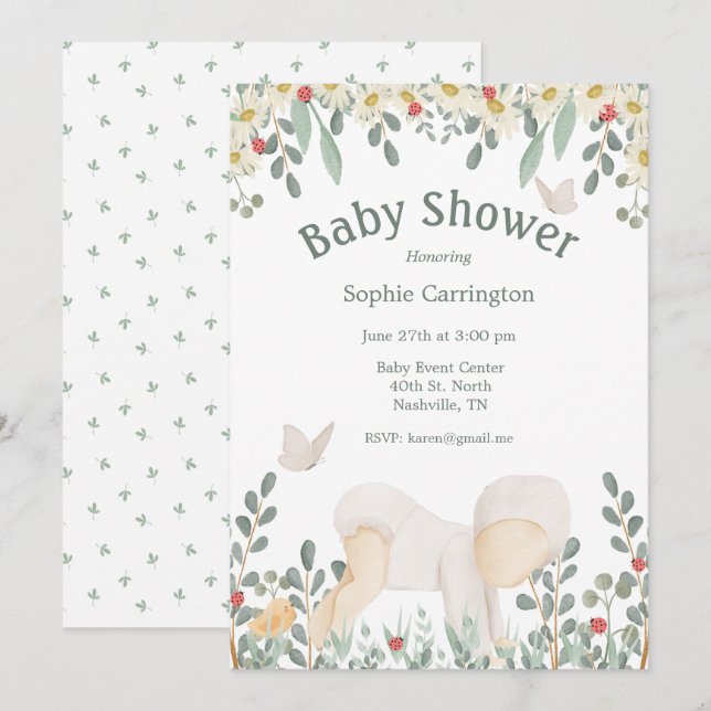 Invitación Cute Floral Watercolor Baby Shower (Anverso / Reverso)
