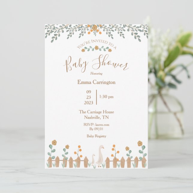 Invitación Cute Floral Watercolor Duck Baby Shower (Anverso de pie)