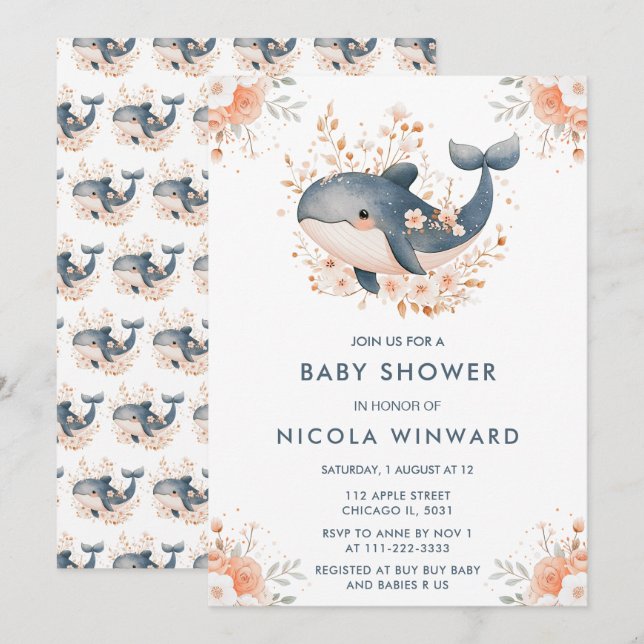 Invitación Cute Floral Whale Baby Shower (Anverso / Reverso)
