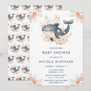 Invitación Cute Floral Whale Baby Shower