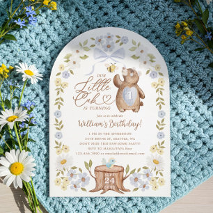 Invitación Cute Floral Woodland Bear Pequeña Cubo Primer Cump