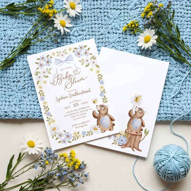 Invitación Cute Floral Woodland De Punto Bear Bear Boy Ducha (Cute Floral Woodland Knitted Bear Baby Boy Shower Invitation)