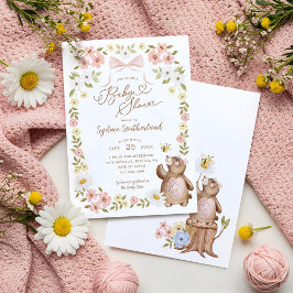 Invitación Cute Floral Woodland De Punto Bear Niña Ducha