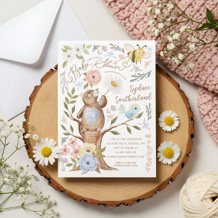 Invitación Cute Floral Woodland Knitus Bear Baby Shower