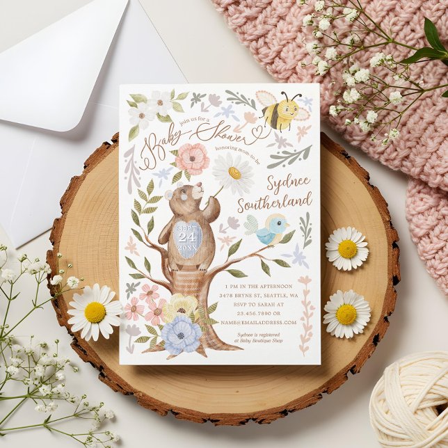 Invitación Cute Floral Woodland Knitus Bear Baby Shower (Cute Floral Woodland Knitted Bear Baby Shower Invitation)