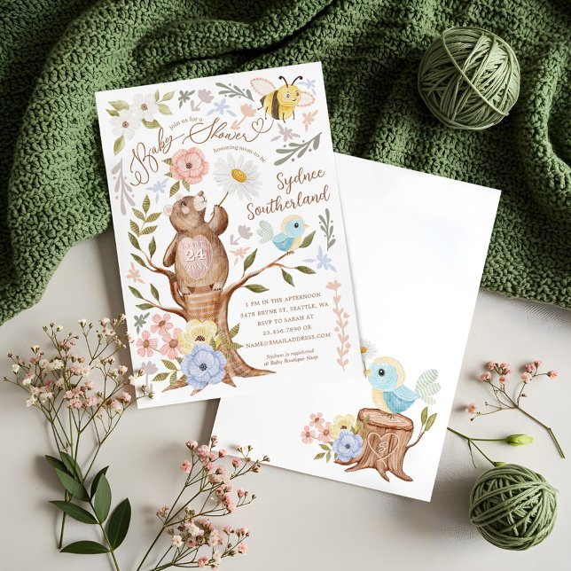 Invitación Cute Floral Woodland Knitus Bear Baby Shower (Cute Floral Woodland Knitted Bear Baby Shower Invitation)