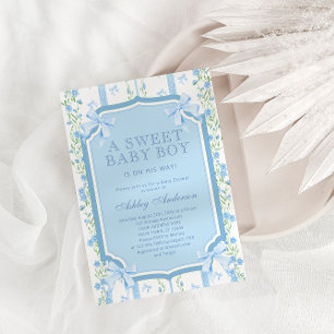 Invitación Cute Floral y Bow Boy Baby Shower