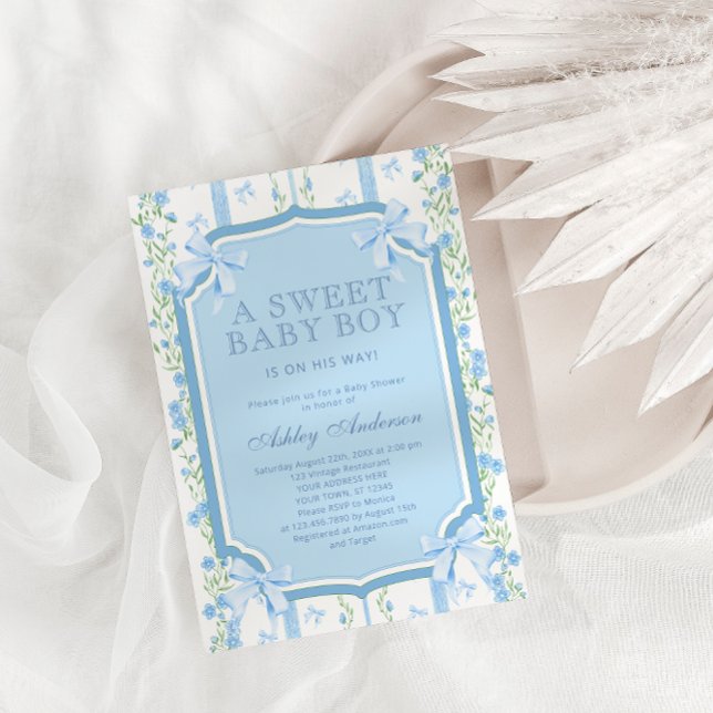 Invitación Cute Floral y Bow Boy Baby Shower (Subido por el creador)
