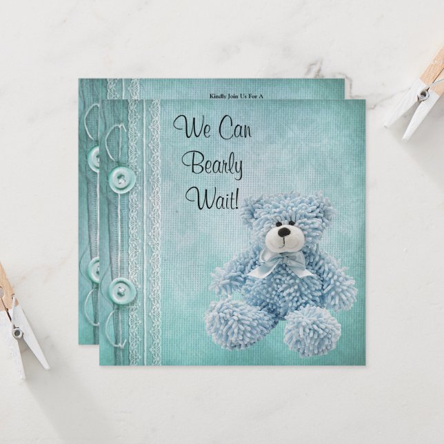 Invitación Cute Fluffy Blue Teddy Baby Shower (Anverso/Reverso In Situ)