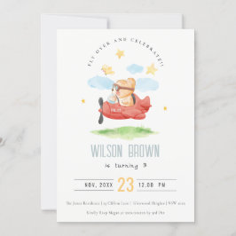Invitación Cute Fly sobre el avión animal Teddy Bear Cumpleañ
