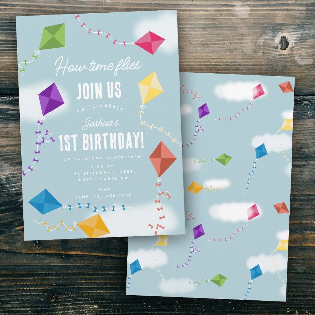 Invitación Cute Flying muerde a los niños cómo el tiempo vuel (Cute Flying Kites Kids How Time Flies Birthday Invitation)