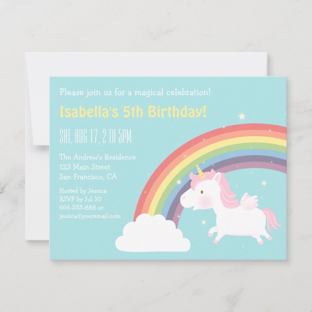 Invitación Cute Flying Unicorn Rainbow Girls Birday Party (Anverso)