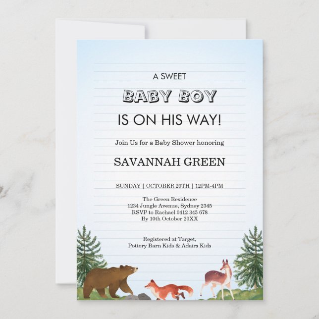 Invitación Cute Forest Animals Baby Boy Shower Design (Anverso)