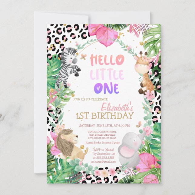 Invitación Cute Forest Animals Tropical Leaves Primer Cumplea (Anverso)