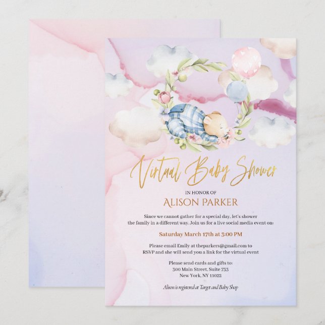 Invitación Cute Forest Bear Cloud Dream | Baby Shower virtual (Anverso / Reverso)