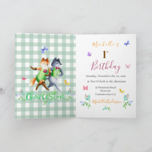 Invitación Cute Forest Foxes Green Gingham 1er cumpleaños