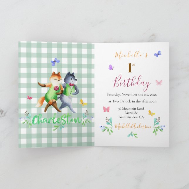 Invitación Cute Forest Foxes Green Gingham 1er cumpleaños (Interior)