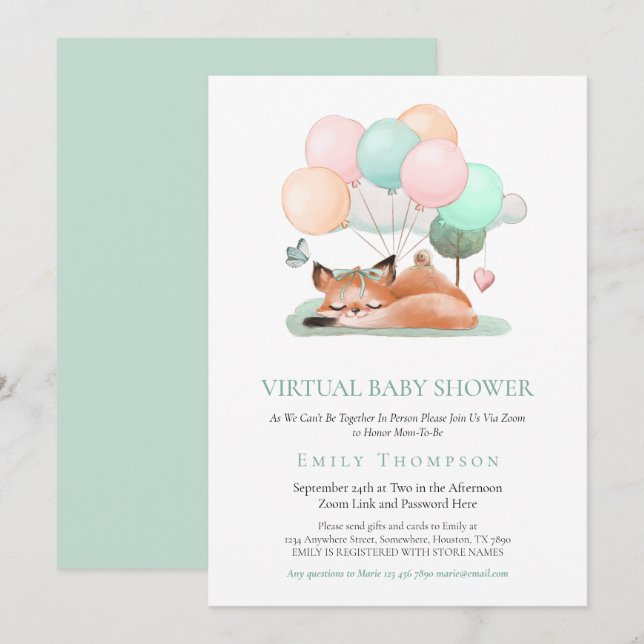 Invitación Cute Fox Asleep Balloon Verde azulado Baby Shower  (Anverso / Reverso)