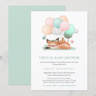 Invitación Cute Fox Asleep Balloon Verde azulado Baby Shower