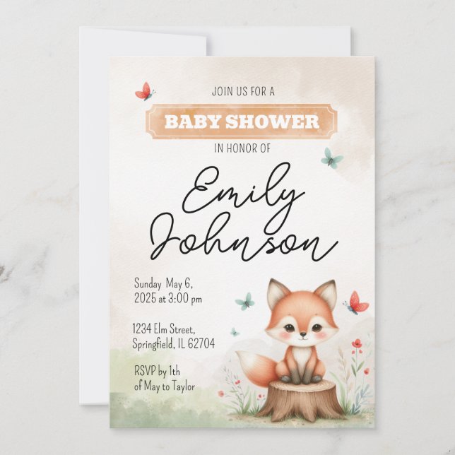 Invitación Cute fox baby shower invitation  (Anverso)